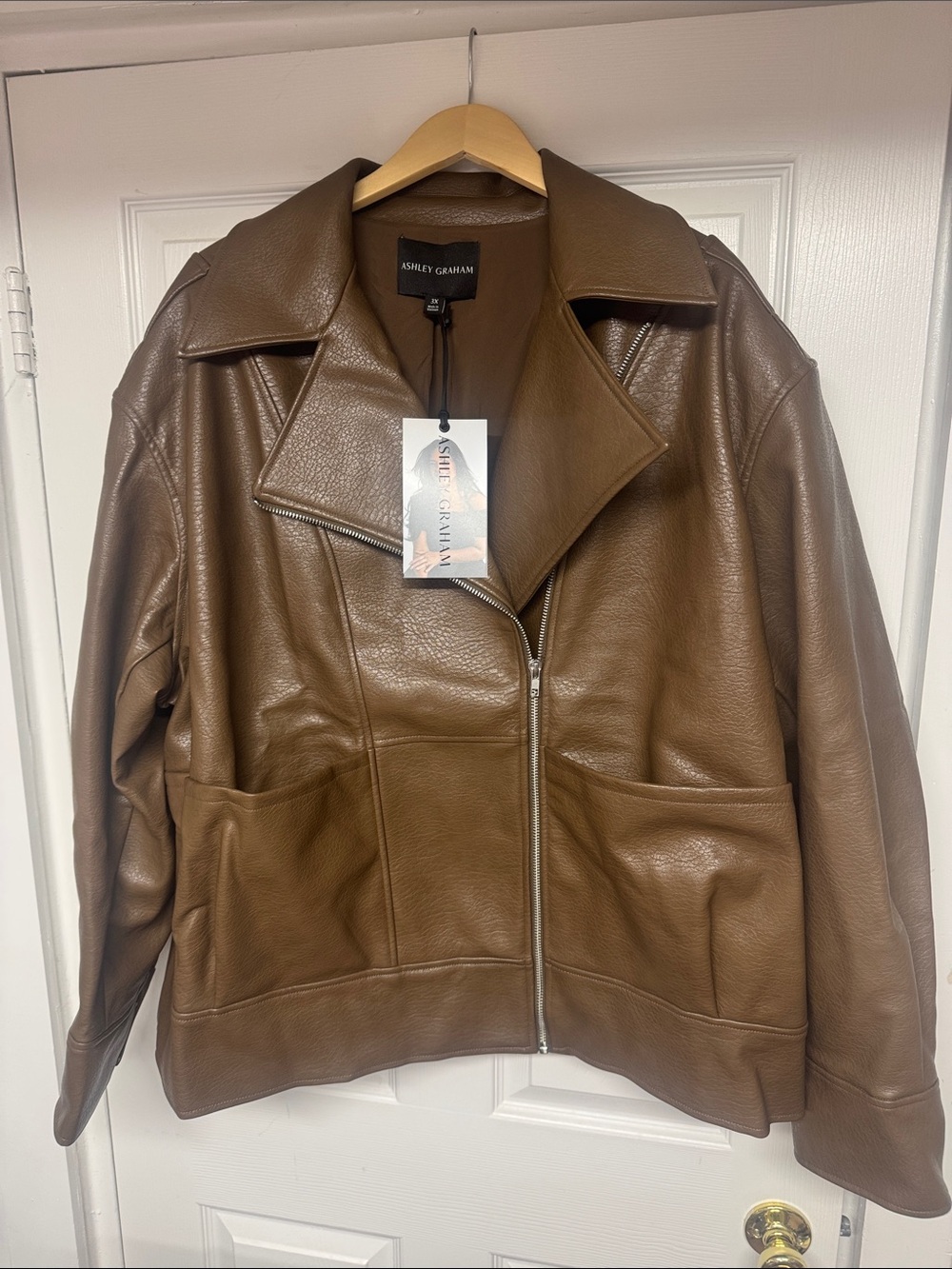 Ashley Graham Faux Leather Jacket Womens 3X Brown